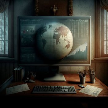 computer and screens with graphs in the office in retro style, graph analysis and world map. High quality illustration