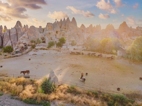 Beautiful stunning view of the mountains of Cappadocia and cave houses. Turkey.