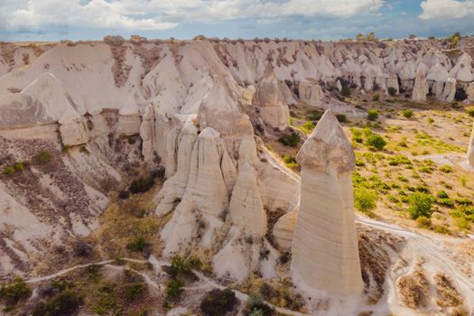 Unique geological formations in Love Valley in Cappadocia, popular travel destination in Turkey.