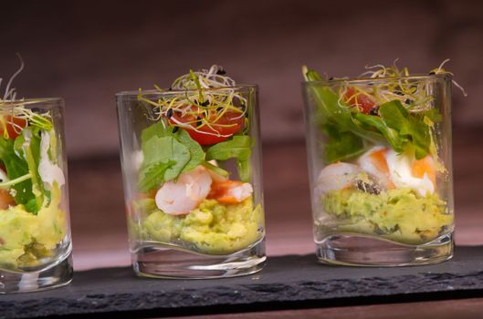 Avocado shrimp arugula mayonaise, espelette pepper and lemon, leek sprouts recipe, High quality photo
