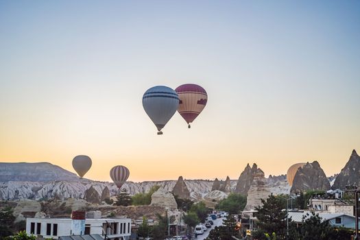 Colorful hot air balloon flying over Cappadocia, Turkey.