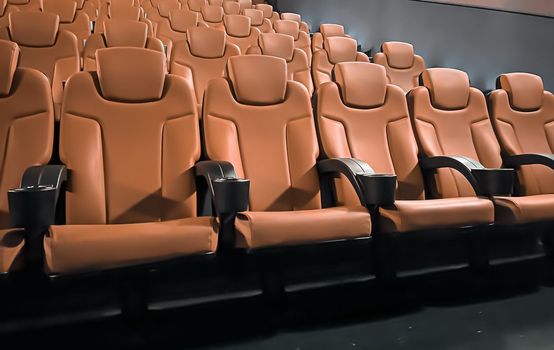 Cinema and entertainment, empty brown movie theatre seats for tv show streaming service and film industry production branding