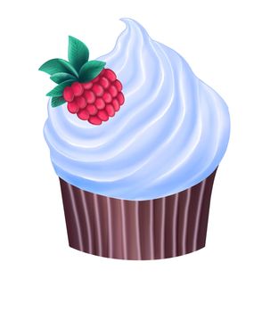 illustration of tasty cupcake with blue cream and strawberry isolated on white background