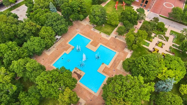 Image of Aerial over fountains at Freimann Square in downtown Fort Wayne, Indiana during peak summer