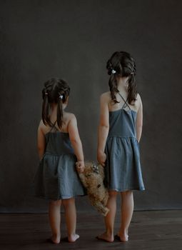 two girls stand with their backs and hold a teddy bear with their hands. Girls with long brown hair in a blue dress on a dark background. High quality photo