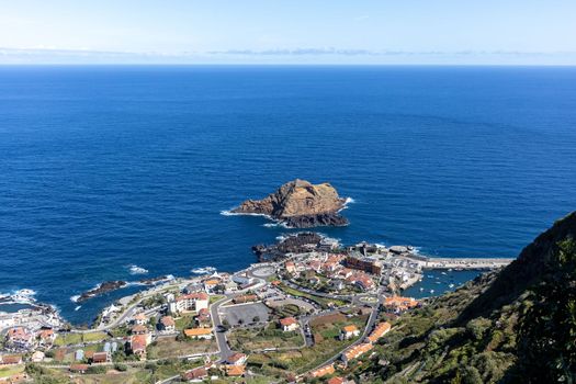 Madeira island sightseeing point view on town and rocks. High quality photo