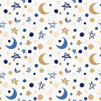 Festive Seamless festive backdrop with moon, stars and doodles. Christmas background for wrapping paper, surface textures, scrapbook