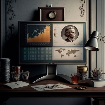 computer and screens with graphs in the office in retro style, graph analysis and world map. High quality illustration