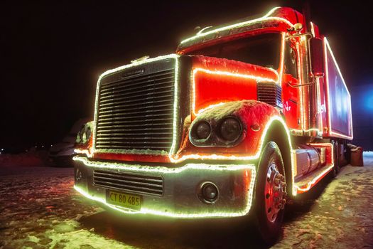 Viborg, Denmark, December 2021: The famous Christmas Coca Cola truck.