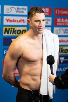 MELBOURNE, AUSTRALIA - DECEMBER 16: Ryan Murphy (USA) after winning the Men's 50m Backstroke final on day four of the 2022 FINA World Short Course Swimming Championships at Melbourne Sports and Aquatic Centre on December 16, 2022 in Melbourne, Australia