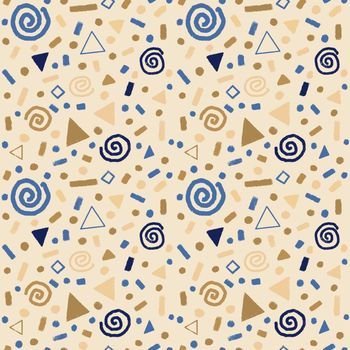 Festive seamless pattern with gold and blue doodles,swirls, stars, geometric elements.. Christmas background for wrapping paper, surface textures, scrapbook