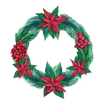 Elegant round Christmas wreath made of cranberry berries, twigs and Poinsettia flowers. Festive watercolor wreath