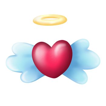 Cartoon illustration of red colored heart with angel wings and shiny golden nimbus on white background