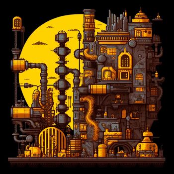 2D Factory in pixel art style. High quality photo