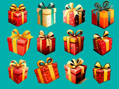 A colorful set of icons with Christmas gifts in the style of pop art