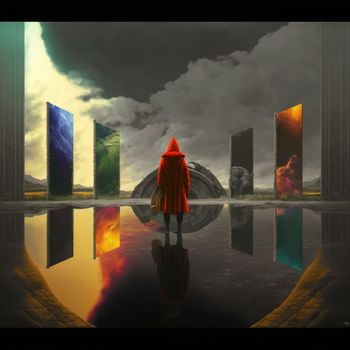 a wanderer between worlds stands in front of portals to other worlds. High quality illustration