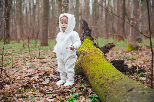 Adorable baby in a bear costume in the forest by a fallen tree.