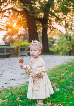 charming baby in princess costume walks in the park at sunset.