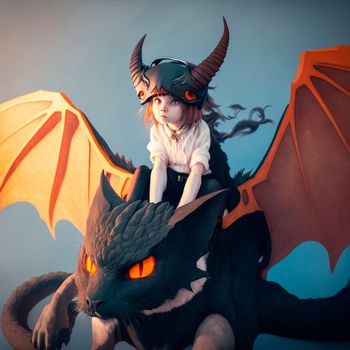 A girl with dragon wings and wearing a dragon cat helmet. High quality photo