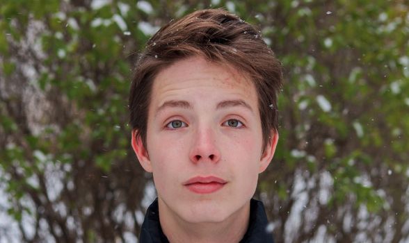 Portrait of a smart and nice boy 14-17 years old close-up in winter against the backdrop of a snowy bush.