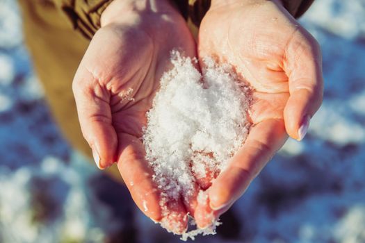 Girl holding snow in her hands. Close-up.