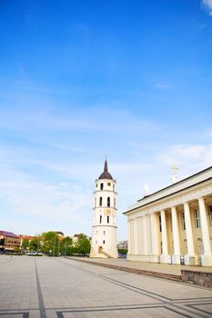 View of the bell tower and the cathedral of the Basilica of St. Stanislaus and St. Vladislav. Vilnius, Lithuania.