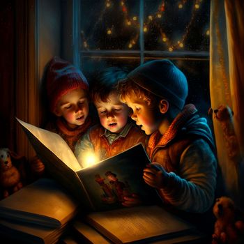 Children opened and looked at a mysterious fairy-tale book on Christmas night. High quality illustration