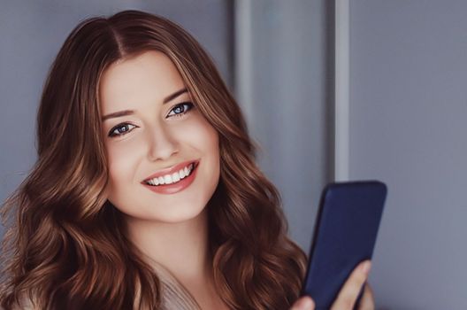 Beautiful woman having a video call and talking on mobile phone, girl doing online shopping on smartphone.