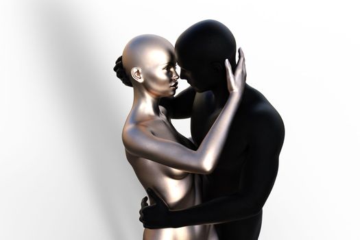 3d illustration. Bald couple hugging. Black man and silver woman on a white background