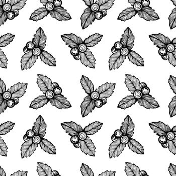 Christmas red berries seamless pattern.The berries of Holly.Christmas pattern. Hand-drawn illustration