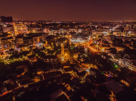 Night top aerial view of the old town Kaleici and old harbor in Antalya, Turkey. Turkey is a popular tourist destination.