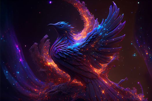 fiery phoenix bird with purple neon shades in constellation style in 5k