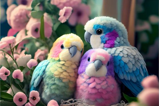 Cute colorful parrots on a background of flowers in 6k