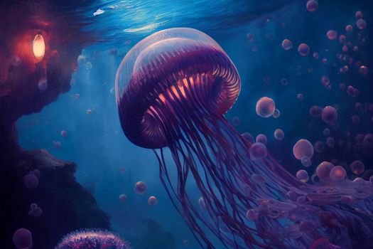 Beautiful jellyfish in the underwater world with inner glow in 6k