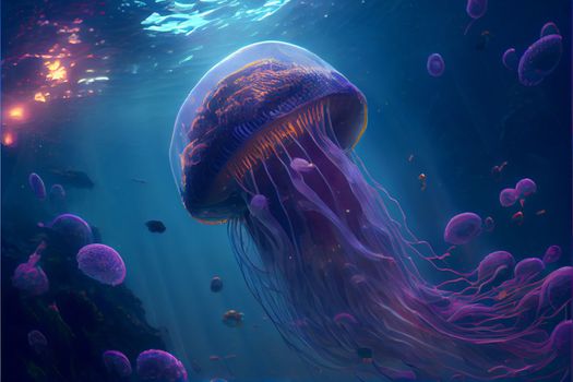 Beautiful jellyfish in the underwater world with inner glow in 6k