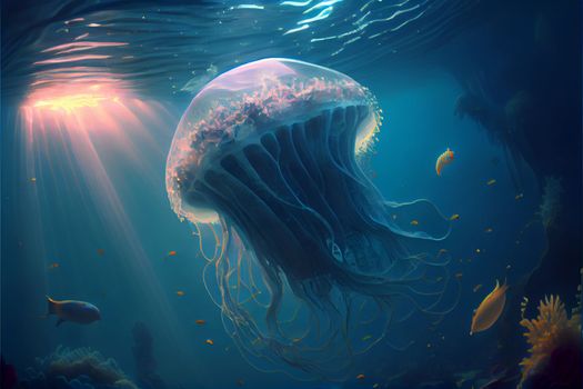 Beautiful jellyfish in the underwater world with inner glow in 6k