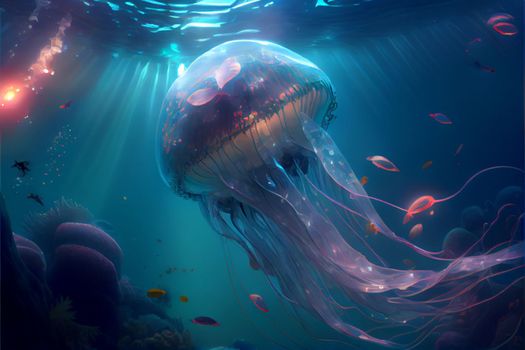 Beautiful jellyfish in the underwater world with inner glow in 6k