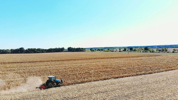 Aerial top view. tractor cuts dry corn stalks and leaves after harvesting corn. Aerial Agriculture. early autumn. High quality photo