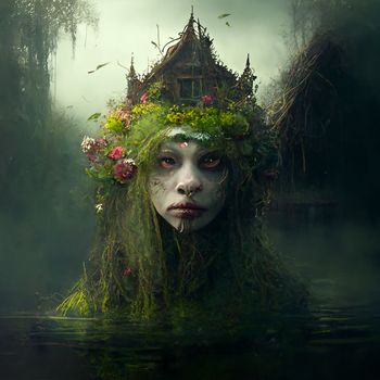 Swamp witch with moss on her head chest-deep in water in 5k