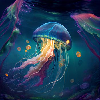 Beautiful jellyfish in the underwater world with inner glow in 6k