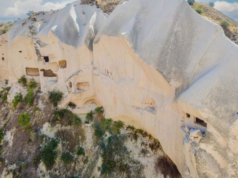 Beautiful stunning view of the mountains of Cappadocia and cave houses. Turkey.