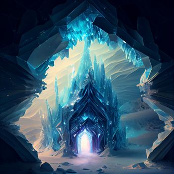 Ice cave with blue-white crystals in the form of a castle with crystals in 5k