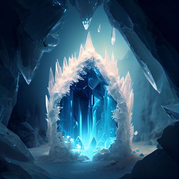 Ice cave with blue-white crystals in the form of a castle with crystals in 5k