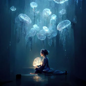 A girl meditates and a flock of luminous jellyfish flies on top of her in 5k