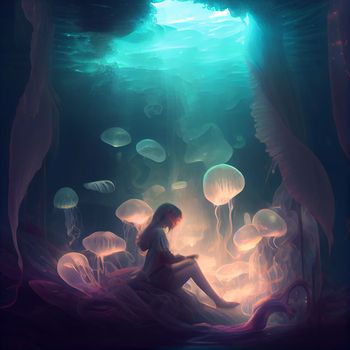 A girl meditates and a flock of luminous jellyfish flies on top of her in 5k