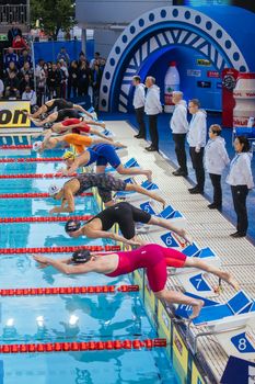 MELBOURNE, AUSTRALIA - DECEMBER 13: Athletes competing in heats on day one of the 2022 FINA World Short Course Swimming Championships at Melbourne Sports and Aquatic Centre on December 13, 2022 in Melbourne, Australia