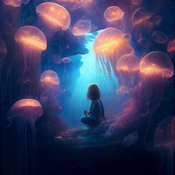 A girl meditates and a flock of luminous jellyfish flies on top of her in 5k