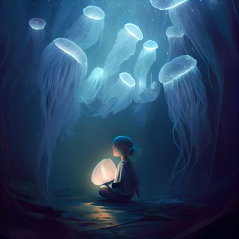 A girl meditates and a flock of luminous jellyfish flies on top of her in 5k