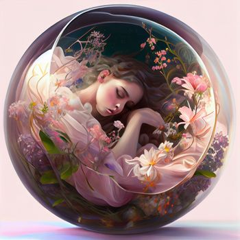 sleeping girl among flowers in a round glass bowl in 5k