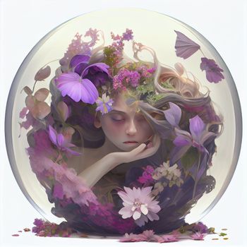 sleeping girl among flowers in a round glass bowl in 5k